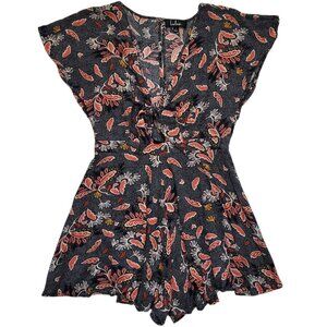 Lulus Boho Navy Floral Leaf Print Flutter Sleeve Tie Front Romper Womens Large